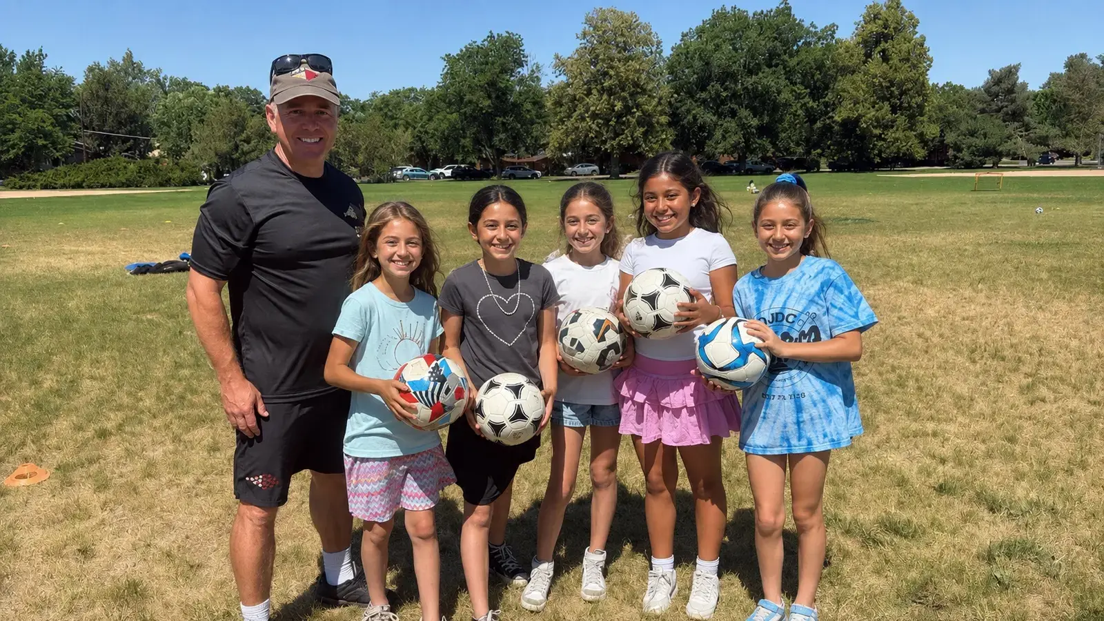 A coach with campers holding soccer balls on the field